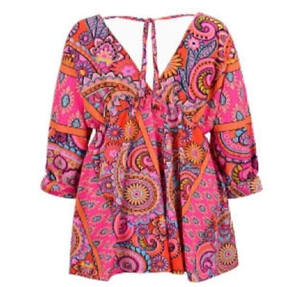 Floral Print Lace Up V-neck Dress, Boho Short Sleeve Waist Backless Summer L - Picture 1 of 6